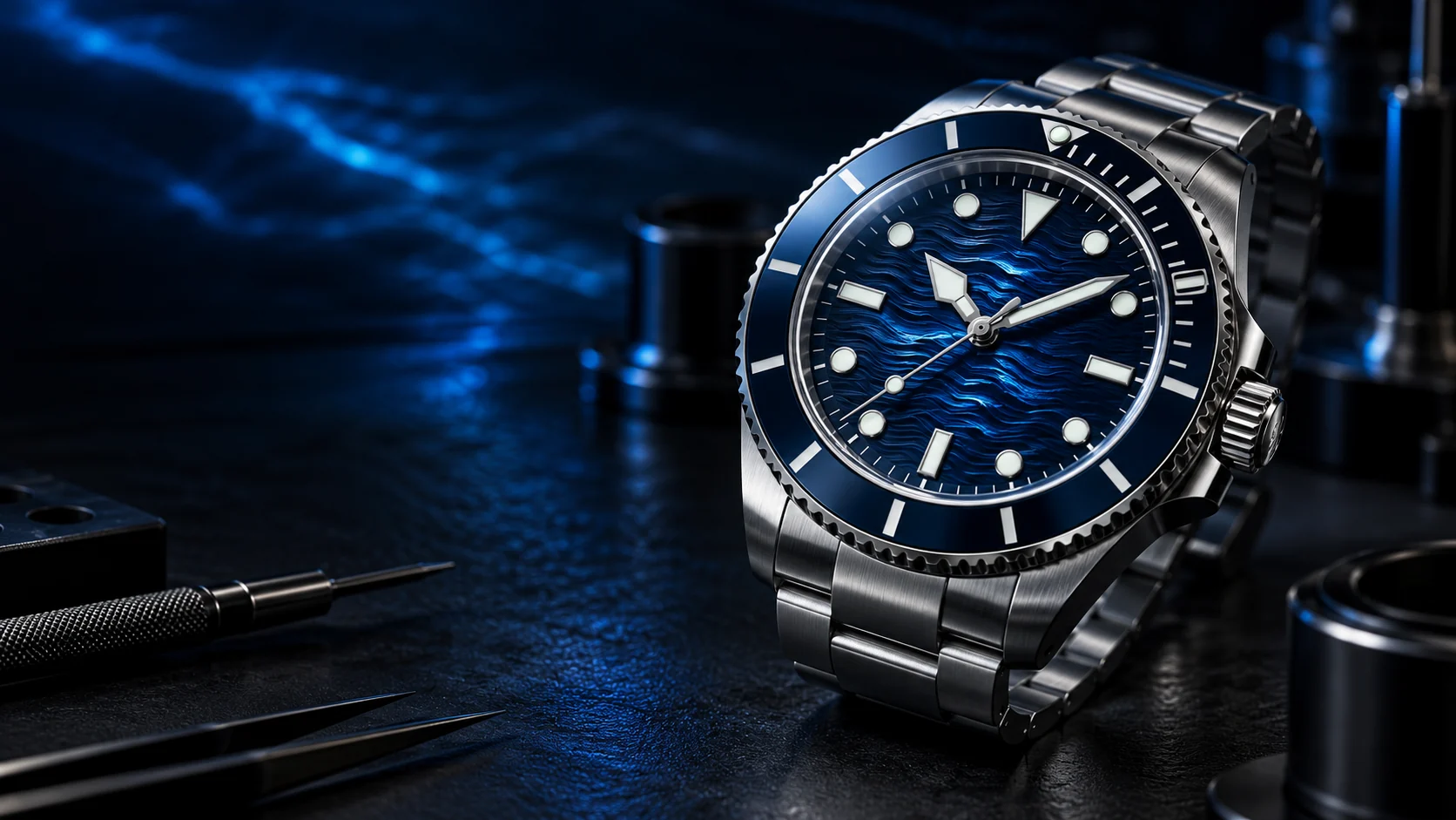 Jam mod otomatis dengan dial gelombang biru