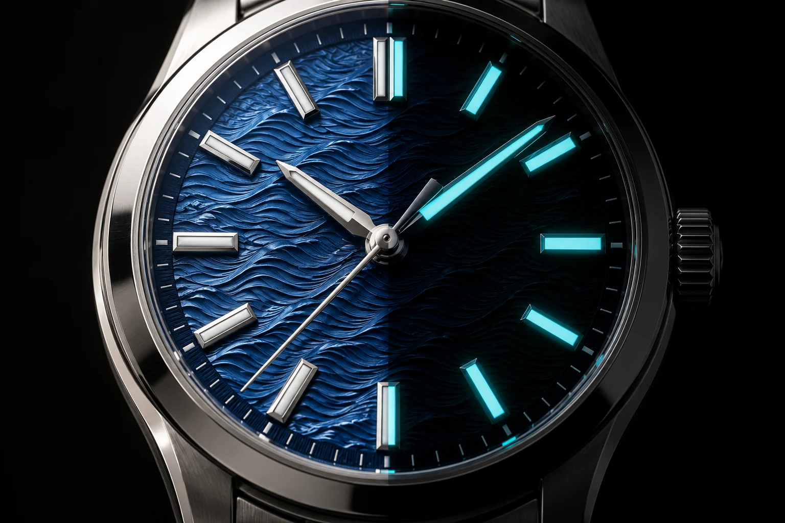 Detail macro dial gelombang dengan lume biru